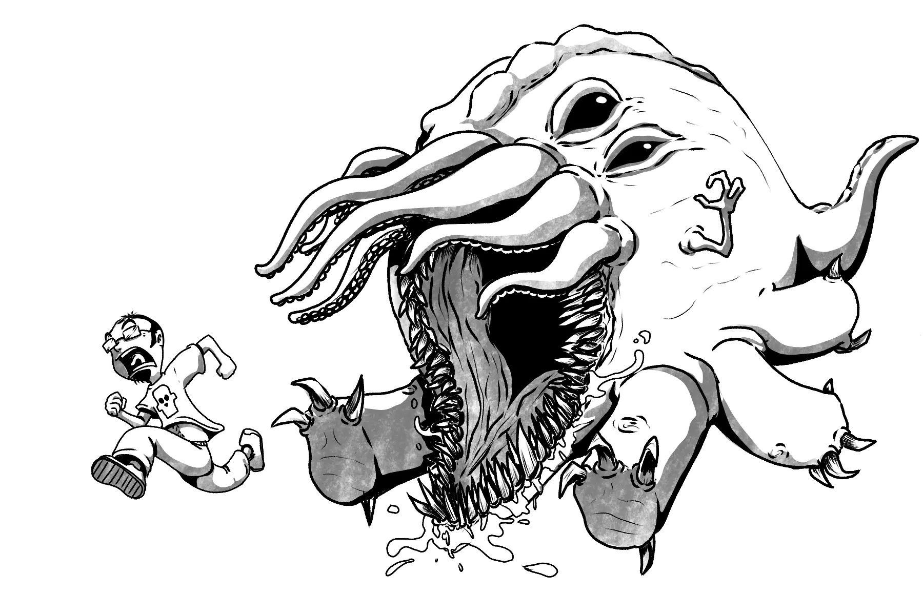 Ilustración de una persona huyendo de un mosntruo