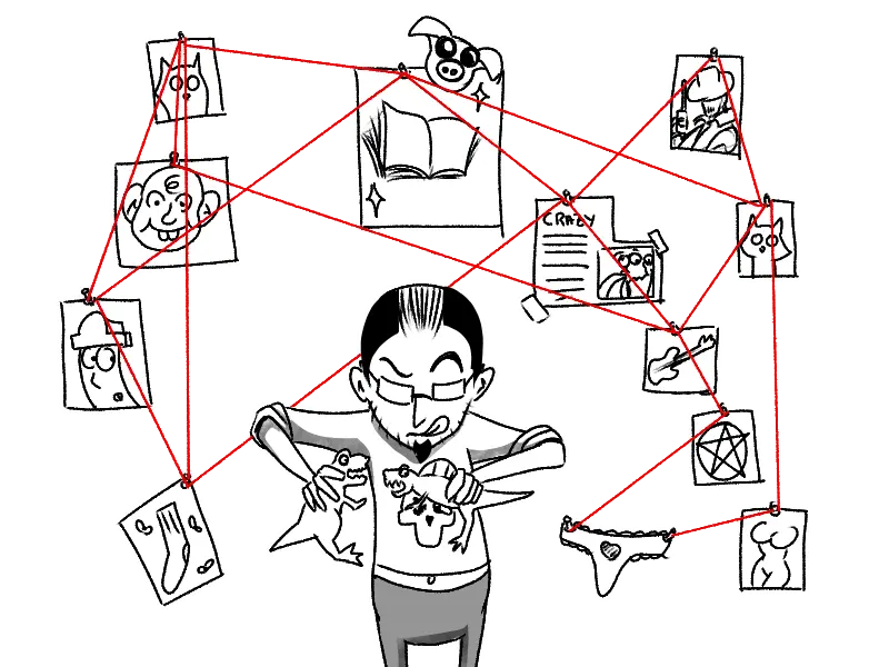 Plano y mapa visual de construccion de una historia sobre un corcho de pared con chinchetas y hilos de colores