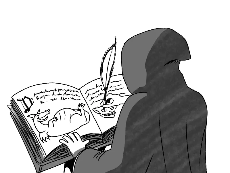 Un monje escribiendo un manuscrito con un guion para crear un proceso creativo