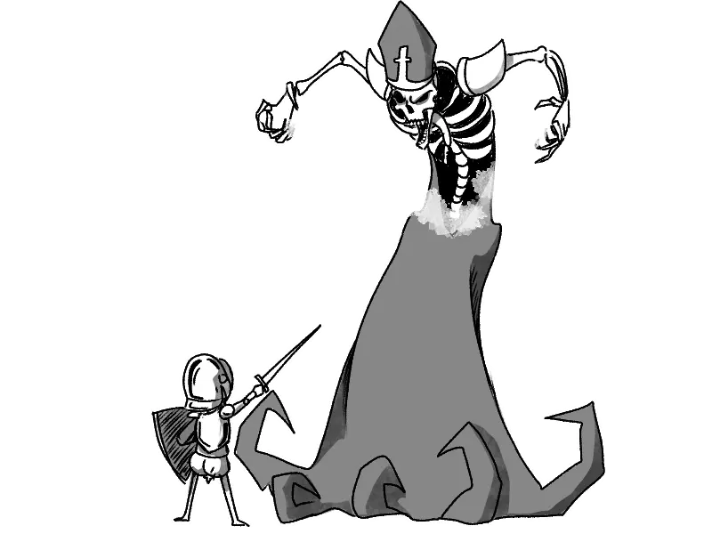 Un héroe luchando contra un lich en un castillo oscuro