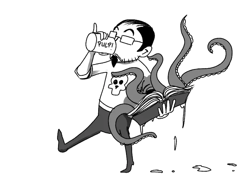 Tomando un cafeé con un libro de invocación de demonios para crear un proceso creativo