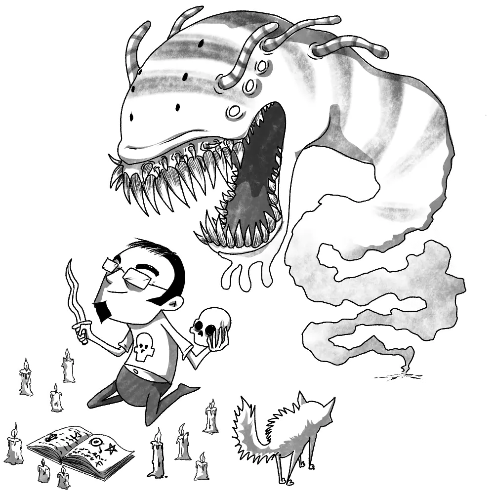 Bievenido a un poco de tinta. Personaje sentado comiendo su propio cerebro